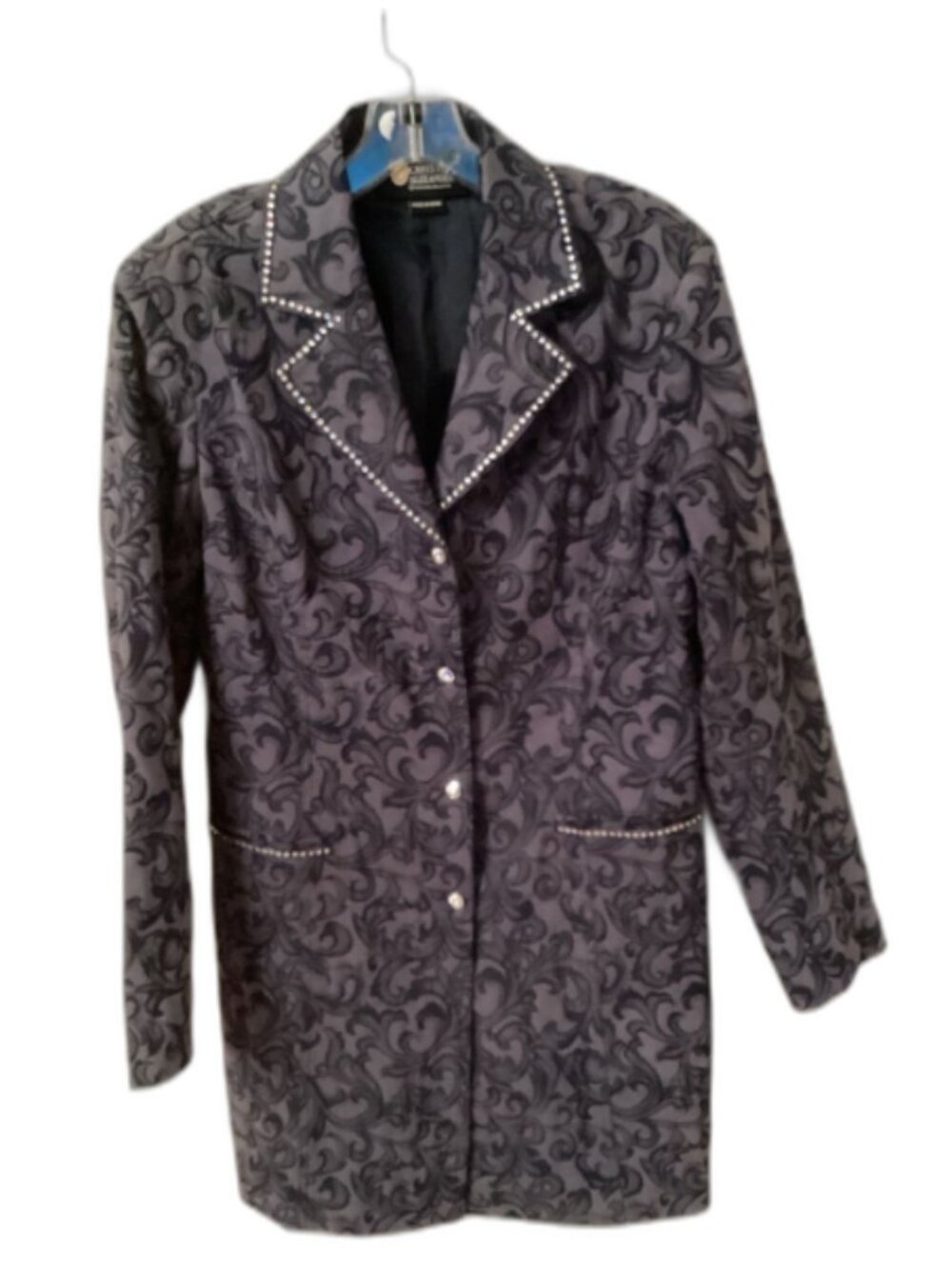CHRISTINE ALEXANDER LARGE VINTAGE Y2K BLUE DAMASK LONG LINE BLAZER RHINESTONES